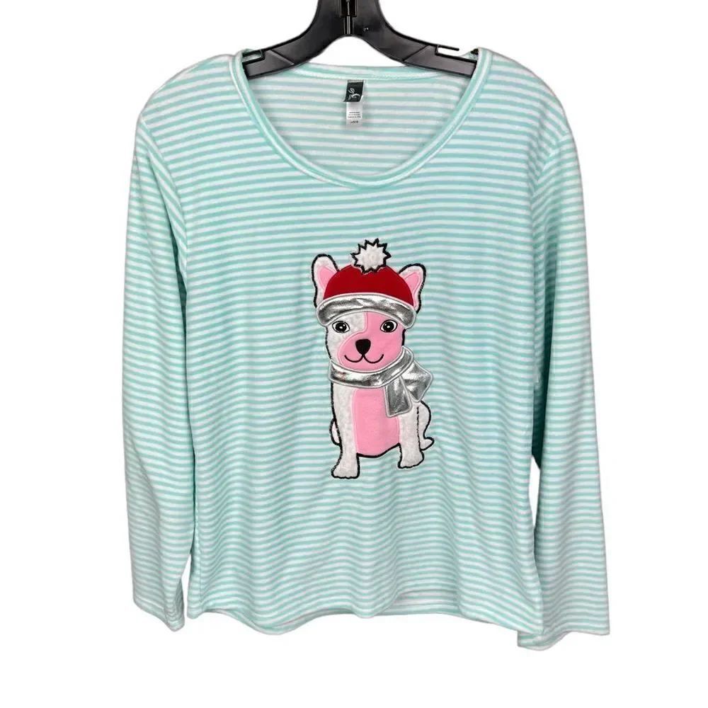 PJ Couture Pajama Top Aqua White Stripe Dog Appliqué Christmas Junior Large